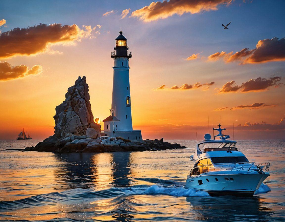 A serene seascape featuring a sleek yacht navigating through calm blue waters, surrounded by various marine symbols like anchors and life rings. In the background, a lighthouse stands tall, symbolizing safety and guidance. The sky is a beautiful gradient of sunset colors, providing a warm and inviting atmosphere. The yacht is adorned with protective coverings, depicted in a stylized manner to emphasize its protection features. vibrant colors. super-realistic.