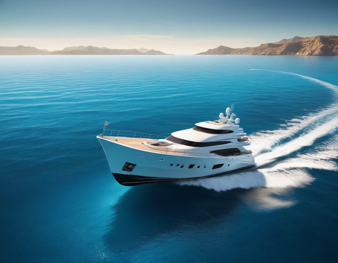 A sleek yacht navigating through calm blue waters, juxtaposed with a fading, luxurious design that transitions into cautious elements like a shield and anchors. Incorporate nautical charts and insurance paperwork subtly in the background, symbolizing protection and strategy. The scene should convey a blend of wealth and security. super-realistic. vibrant colors. 3D.