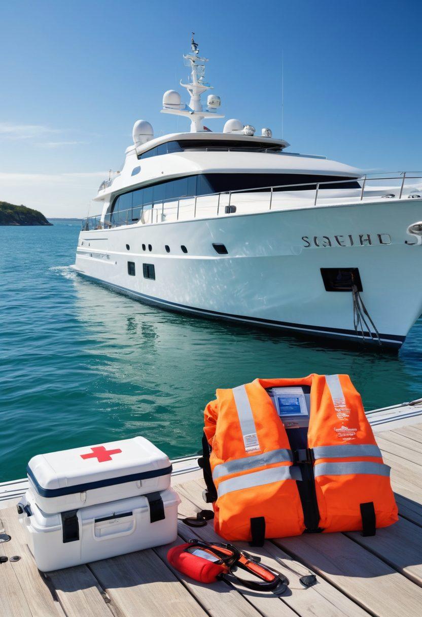 A serene harbor scene showcasing a luxurious yacht anchored safely, surrounded by calm waters and clear blue skies. Include distinctly marked safety equipment like life jackets and a first aid kit on board, with a checklist visible on a nearby dock. In the background, a gentle coastal landscape with hints of marine life adds to the ambiance, emphasizing the theme of safety and insurance in the maritime world. bright colors. super-realistic. nautical theme.